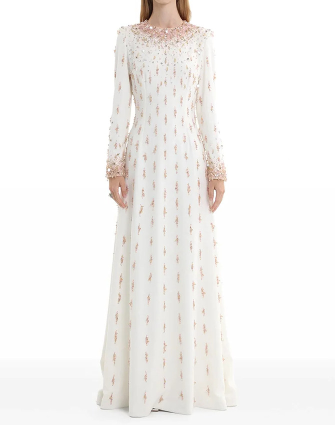 Long Sleeve Crystal Pearl Sequin Maxi Dress White