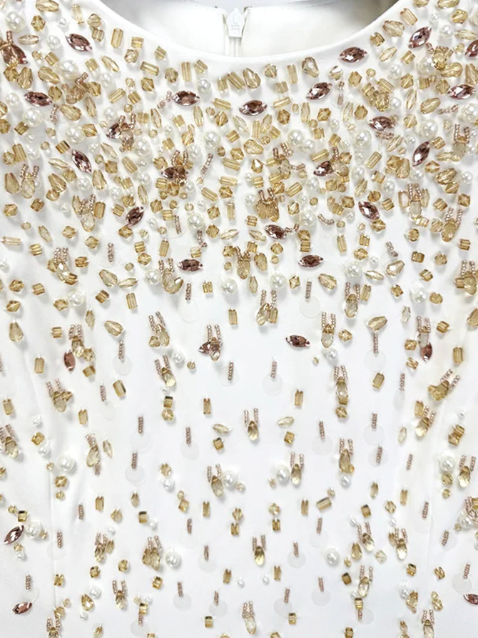 Long Sleeve Crystal Pearl Sequin Maxi Dress White