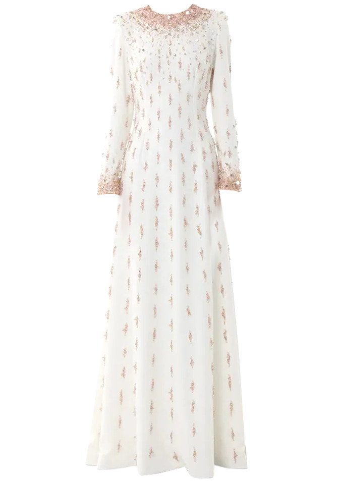 Long Sleeve Crystal Pearl Sequin Maxi Dress White