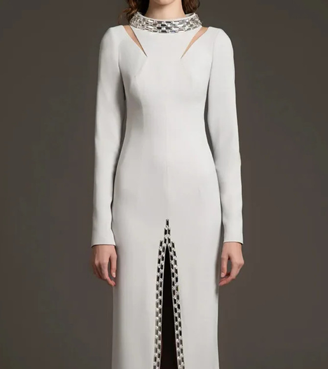 Long Sleeve Crystal Maxi Dress Light Grey