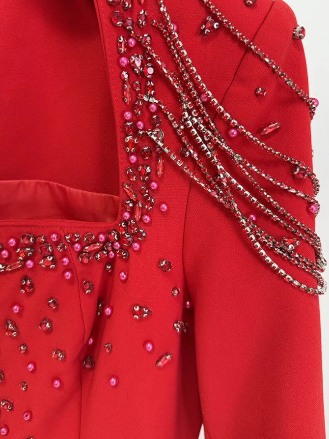 Long Sleeve Embellished Shoulders Maxi Dress Red