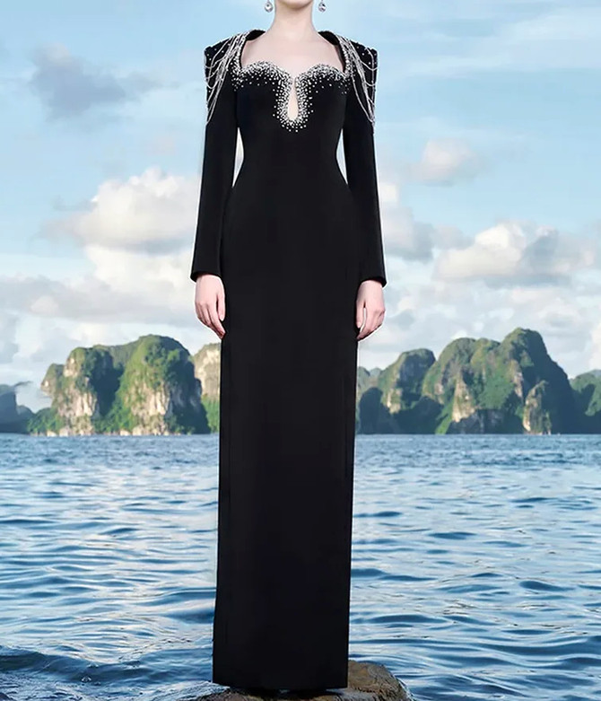 Long Sleeve Embellished Shoulders Maxi Dress Black