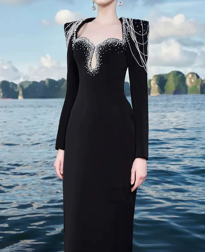 Long Sleeve Embellished Shoulders Maxi Dress Black