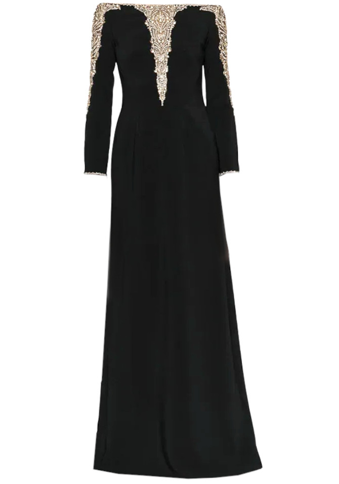 Long Sleeve Embellished A Line Maxi Dress Black