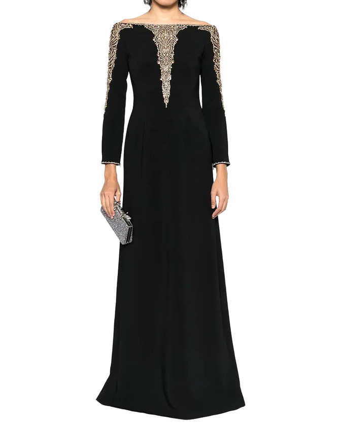 Long Sleeve Embellished A Line Maxi Dress Black
