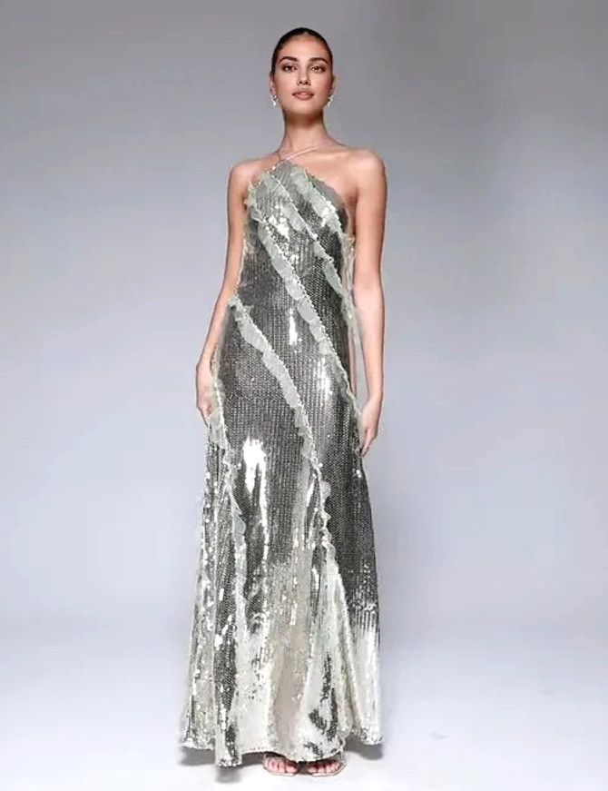 Halter Ruffle Detail Sequin Maxi Dress Silver