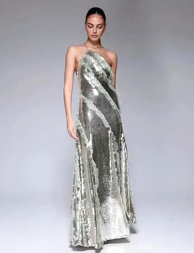 Halter Ruffle Detail Sequin Maxi Dress Silver