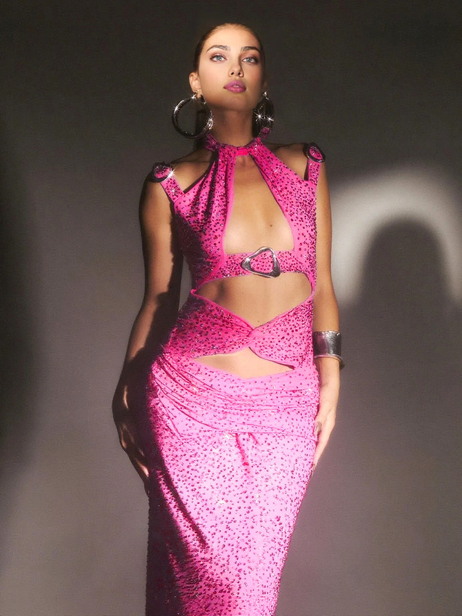 Halter Crystal Ruched Maxi Dress Hot Pink