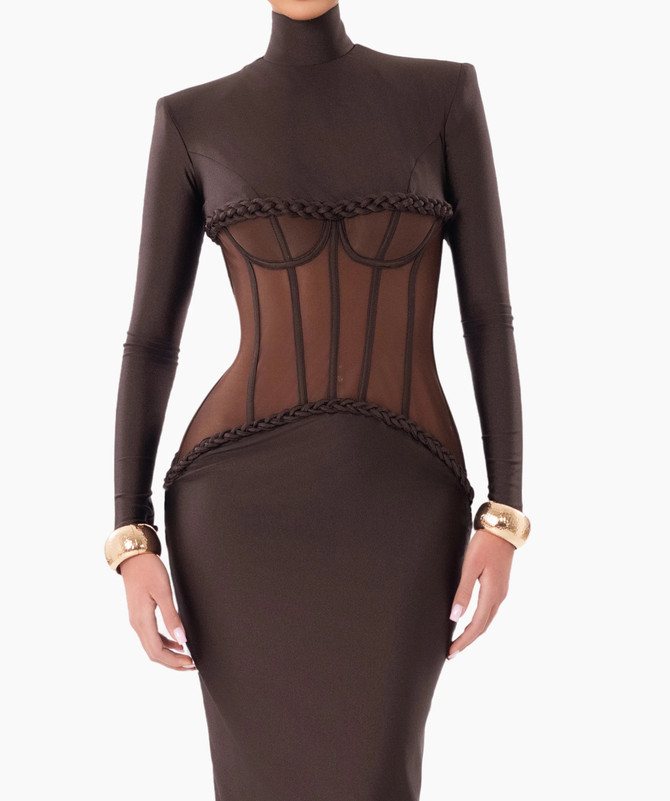Long Sleeve Structured Mesh Maxi Dress Brown