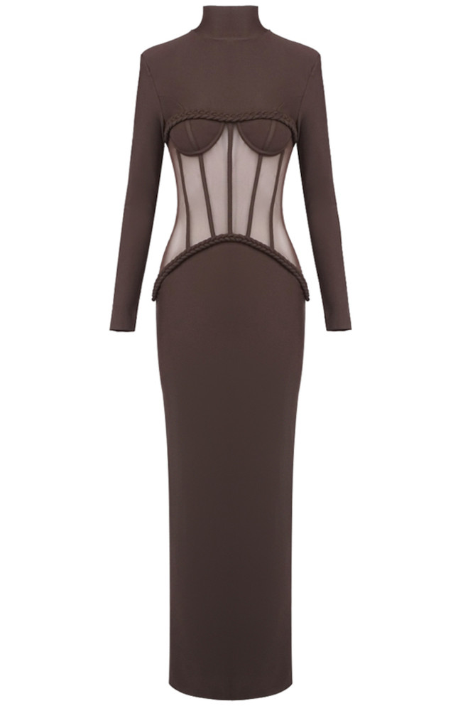 Long Sleeve Structured Mesh Maxi Dress Brown