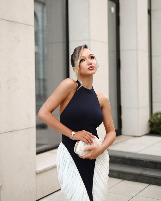 Halter Draped Midi Dress Black White