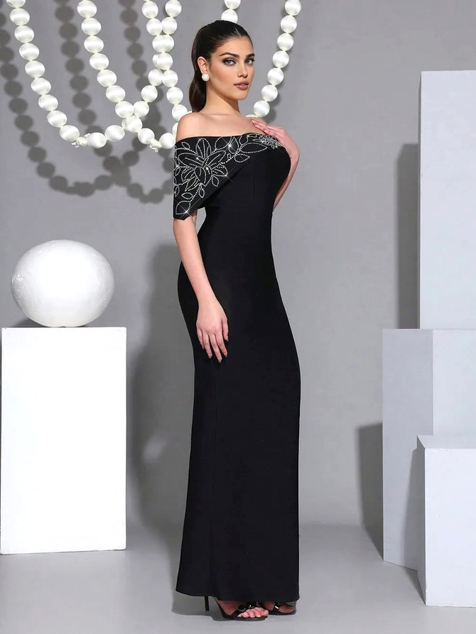 Crystal Floral Bardot Maxi Dress Black