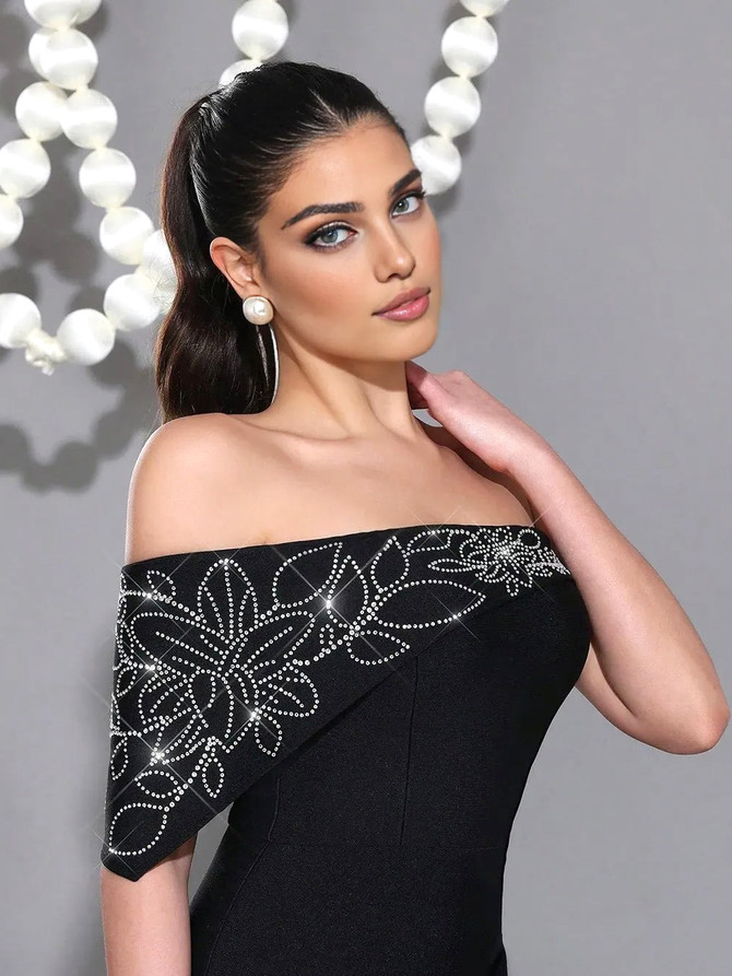 Crystal Floral Bardot Maxi Dress Black