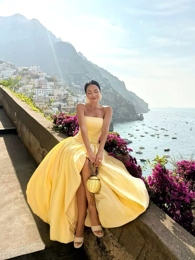 Strapless Corset Puff Maxi Dress Yellow