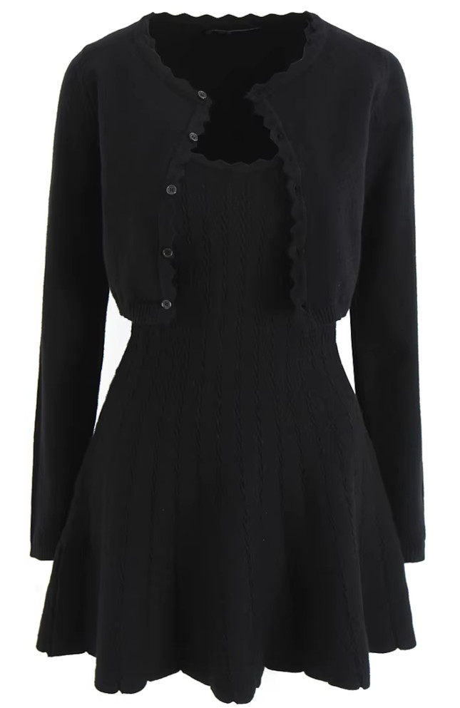 Long Sleeve Scalloped Two Piece Knitted Dress Black