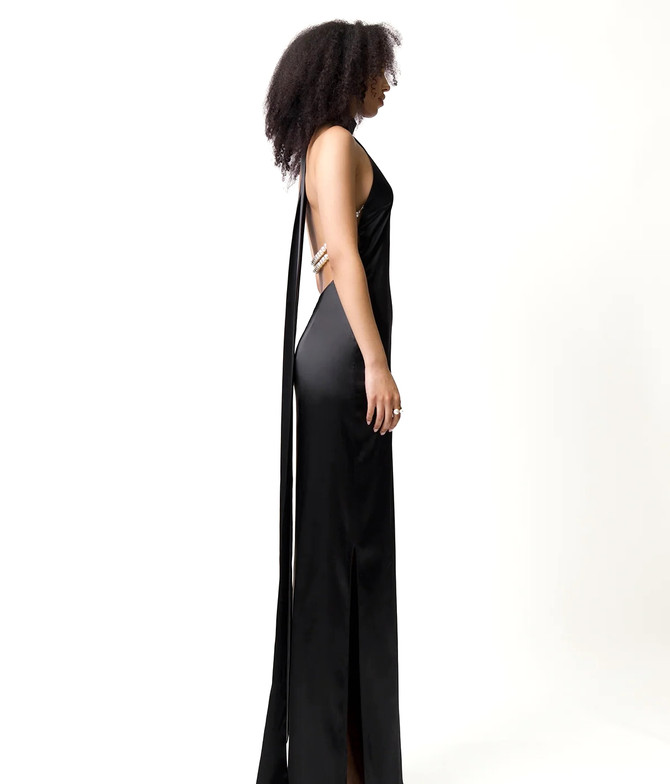 Halter Pearl Detail Backless Maxi Dress Black