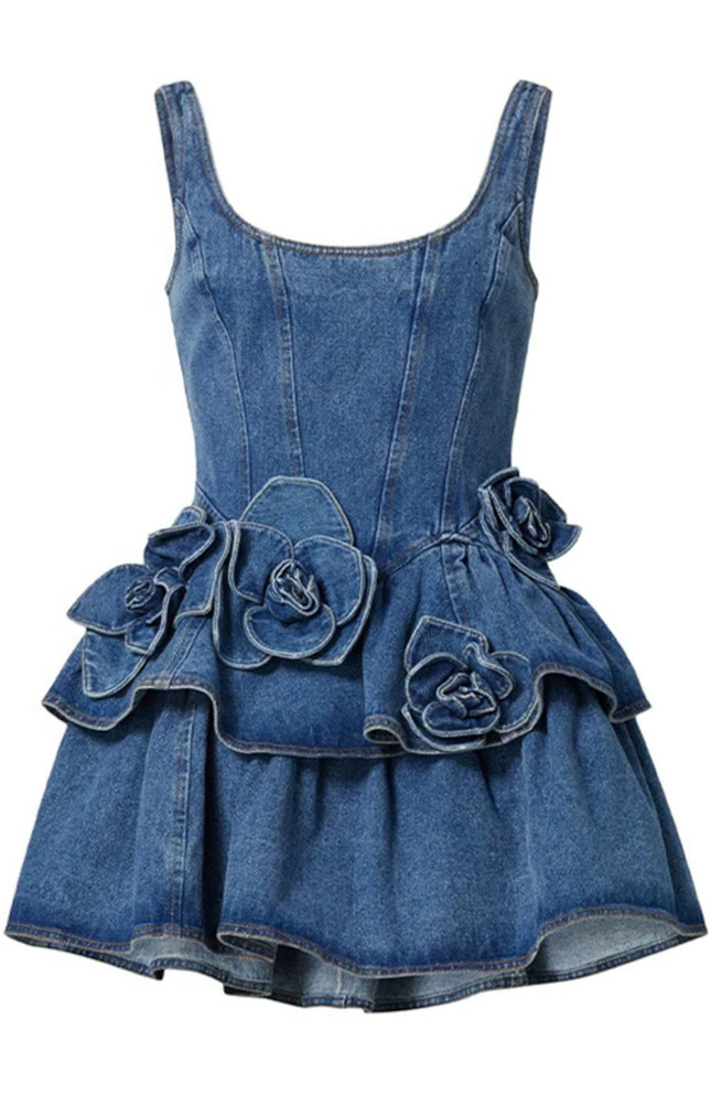 Floral Ruffle Detail Denim Dress Blue