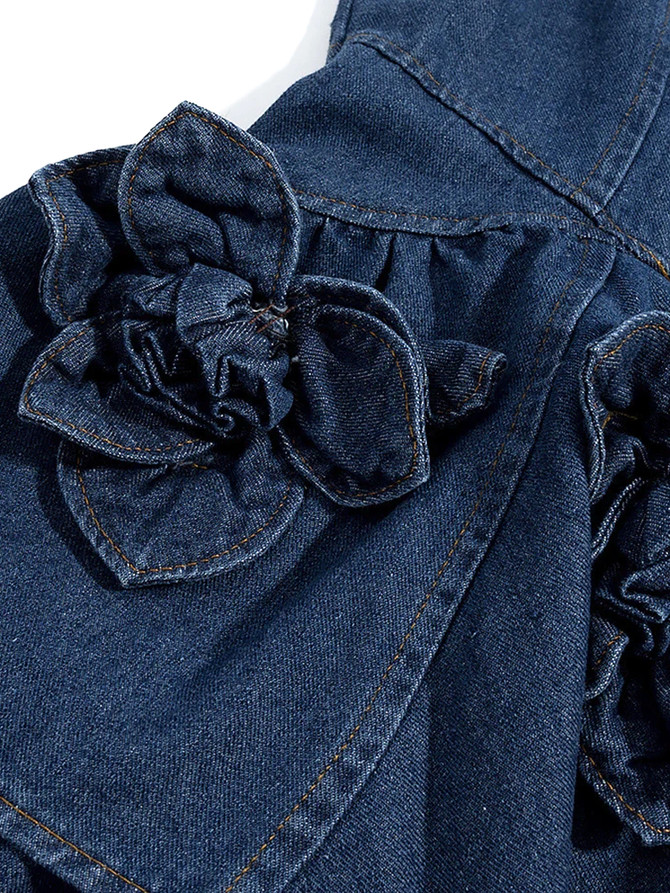 Floral Ruffle Detail Denim Dress Blue