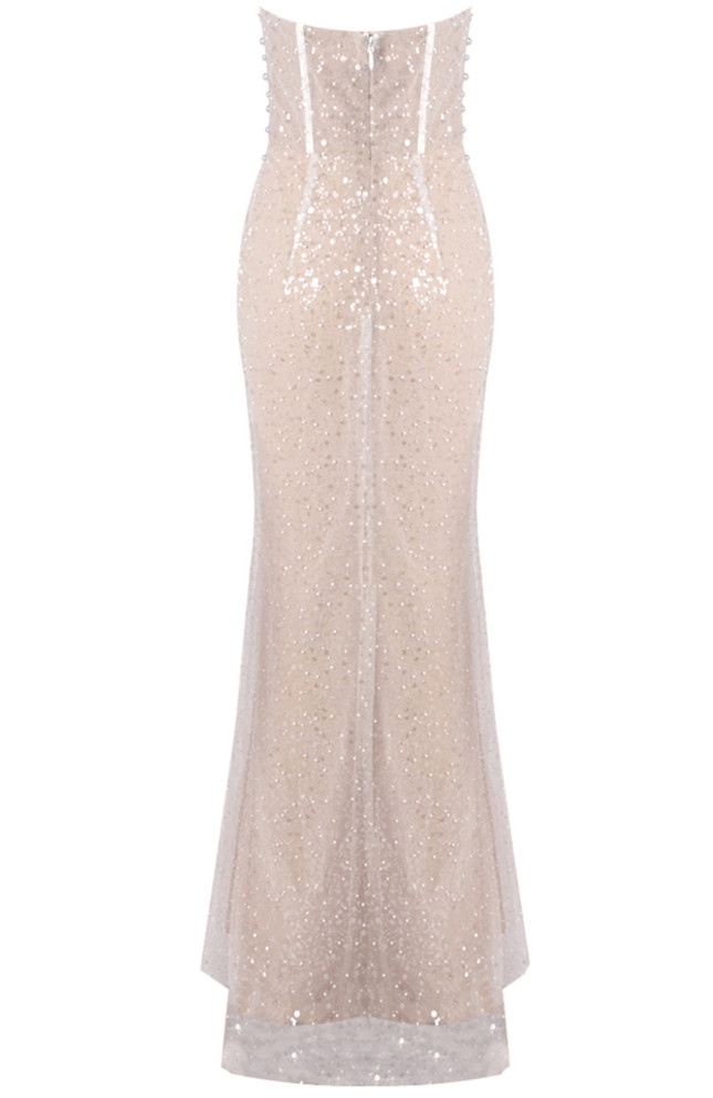 Strapless Pearl Sequin Corset Maxi Dress Nude