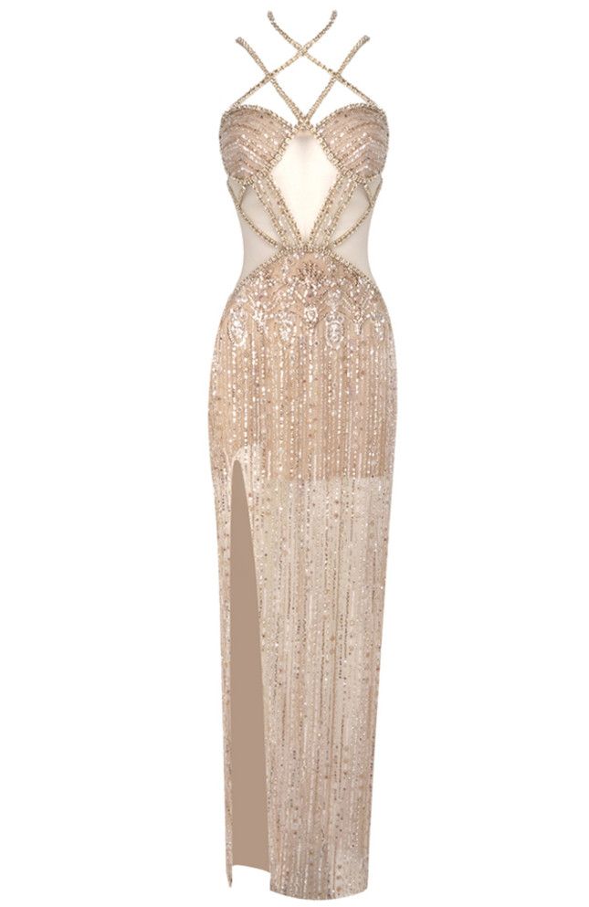 Halter Sequin Bustier Maxi Dress Gold