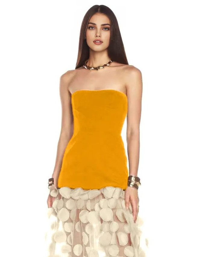 Strapless A Line Maxi Dress Mustard Ivory