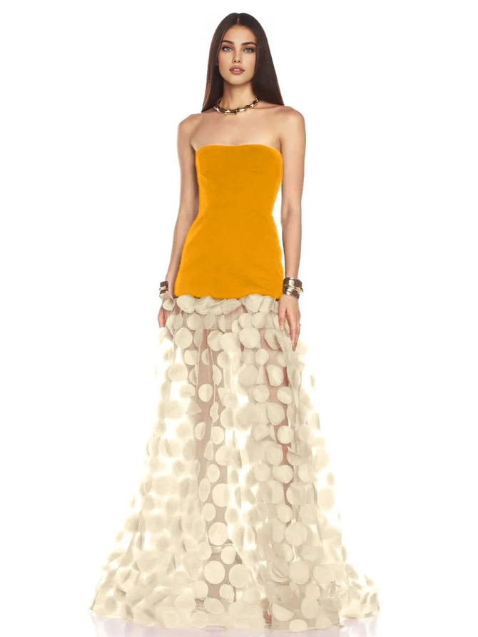 Strapless A Line Maxi Dress Mustard Ivory