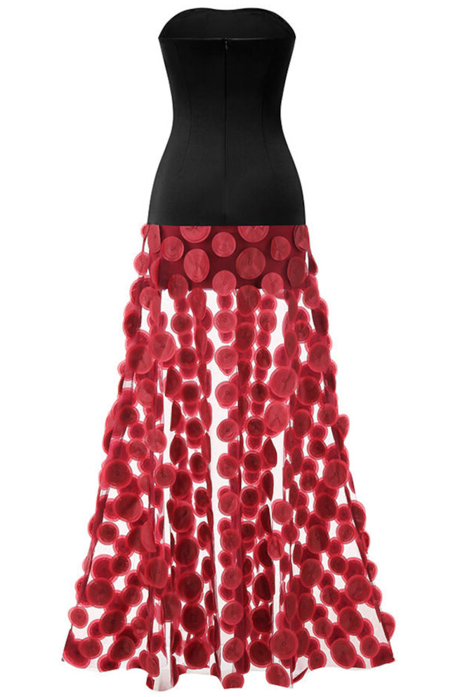 Strapless A Line Maxi Dress Black Burgundy