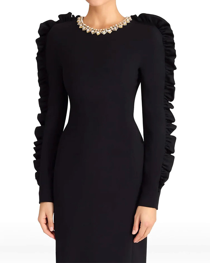 Ruffle Long Sleeve Crystal Midi Dress Black