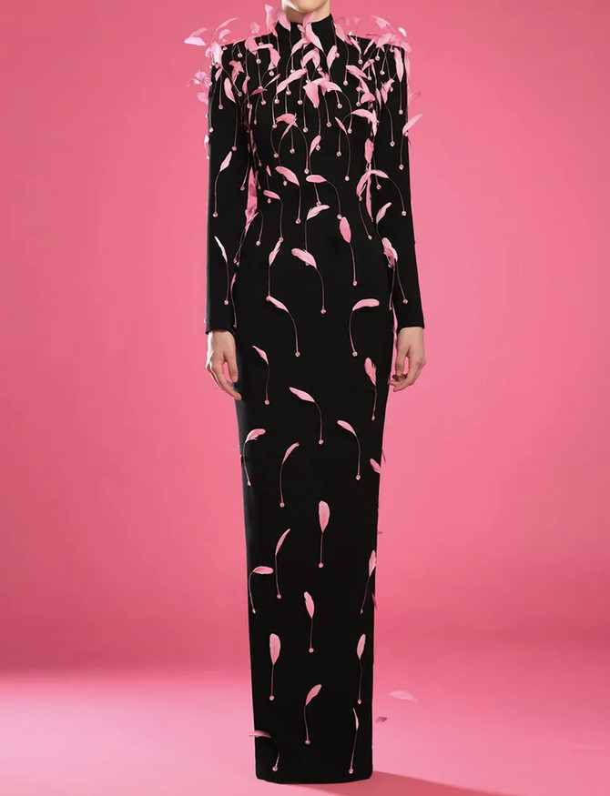 Long Sleeve Feather Backless Maxi Dress Black Pink