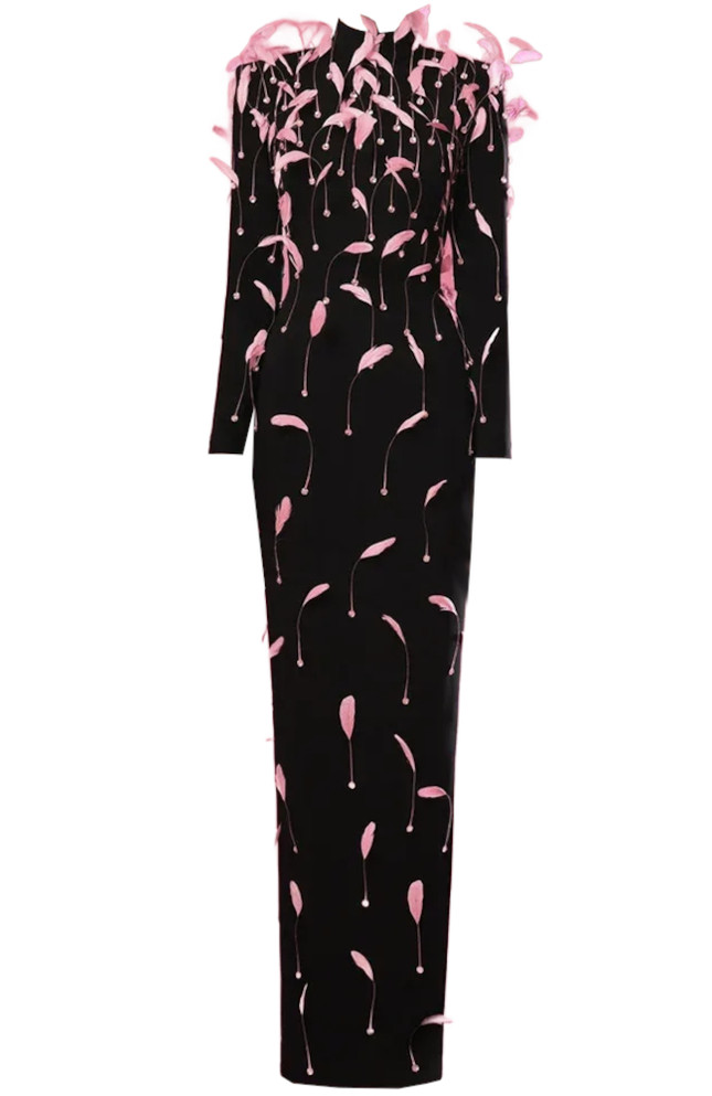 Long Sleeve Feather Backless Maxi Dress Black Pink
