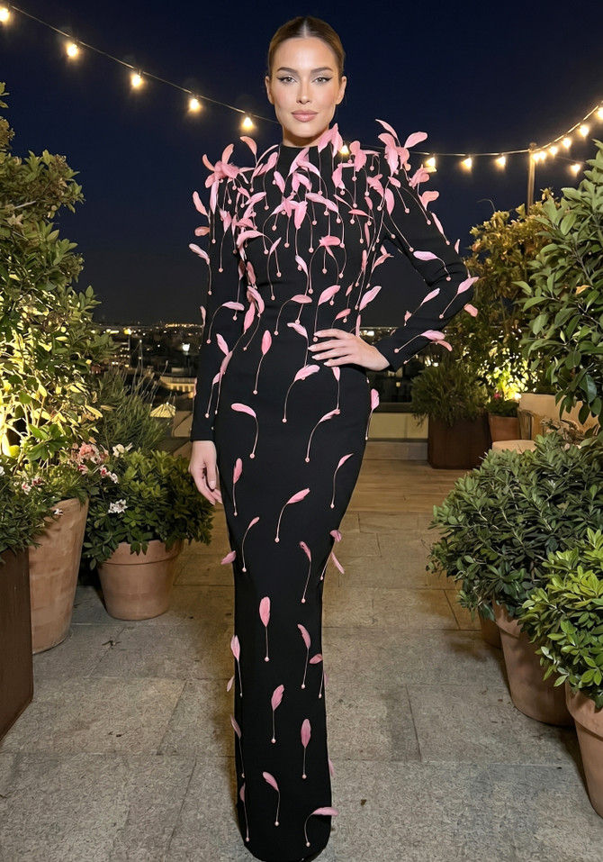Long Sleeve Feather Backless Maxi Dress Black Pink