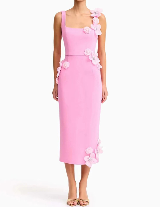 Floral Detail Midi Dress Pink