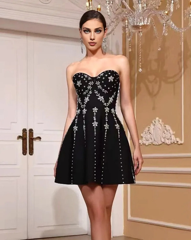 Strapless Crystal Bustier A Line Dress Black