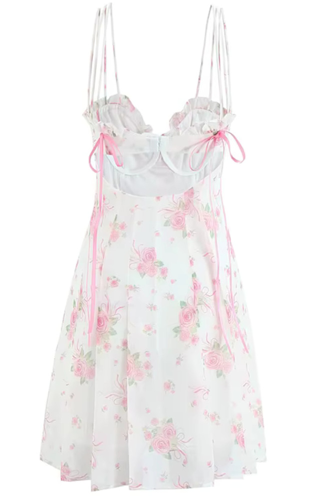 Strappy Floral Bustier A Line Dress White Pink