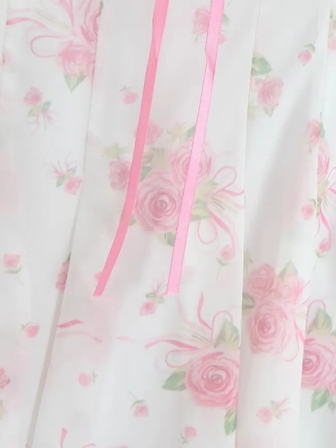 Strappy Floral Bustier A Line Dress White Pink