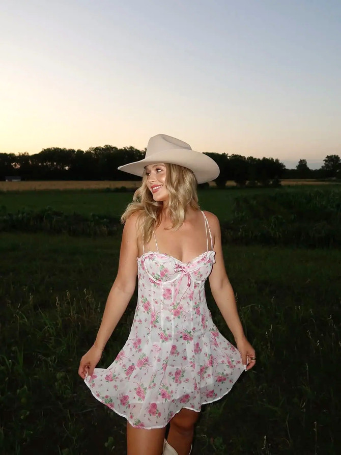 Strappy Floral Bustier A Line Dress White Pink