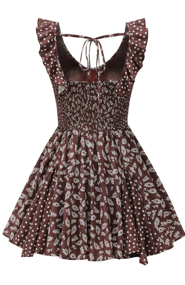 Floral Ruffle Detail A Line Dress Brown