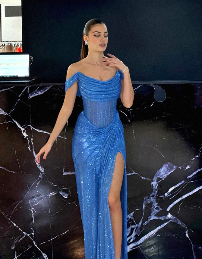 Draped Bardot Sparkly Maxi Dress Blue