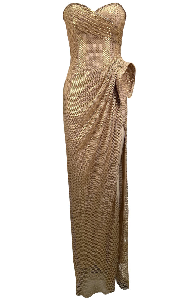 Strapless Draped Sparkly Maxi Dress Light Brown