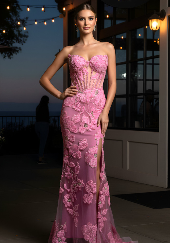 Strapless Embellished Floral Corset Maxi Dress Pink