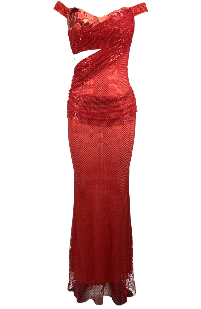 Mirrored Bardot Sparkly Draped Maxi Dress Red