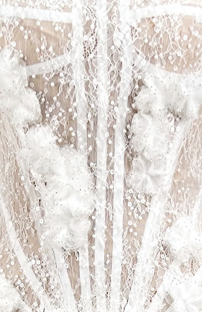 Strapless Pearl Sequin Lace Corset Maxi Dress White