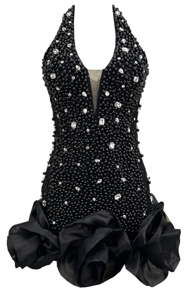 Halter Embellished Floral Hem Dress Black