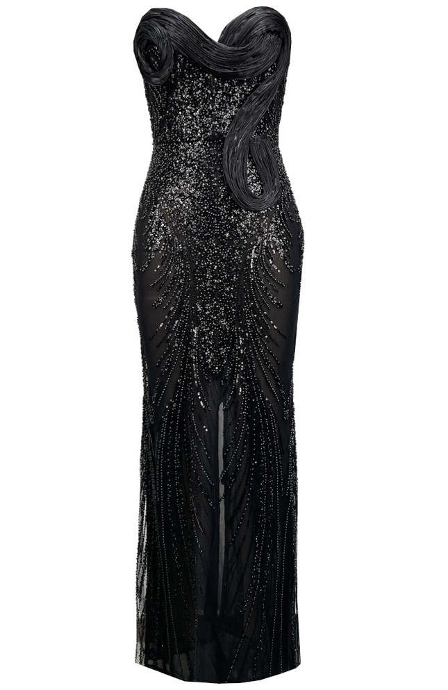 Strapless Draped Sequin Maxi Dress Black