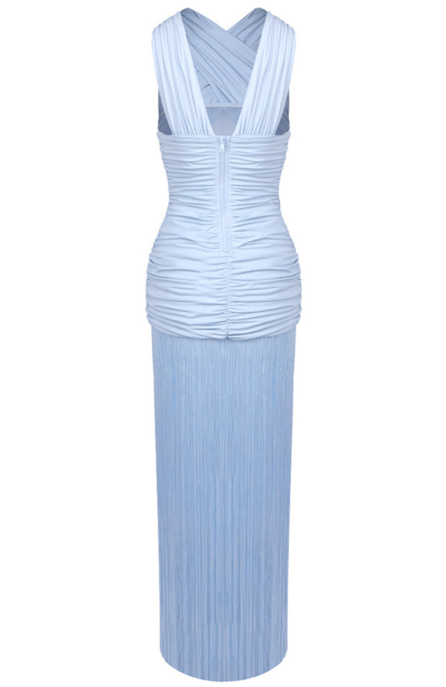 Draped Ruffle Tassel Maxi Dress Blue