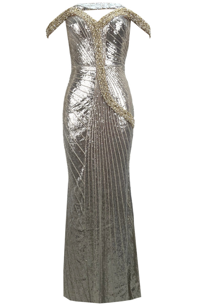 Embellished Bardot Sequin Maxi Dress Platinum