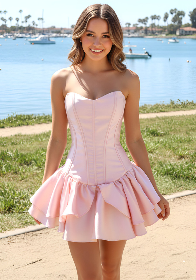 Bardot Strapless Corset Ruffle Dress Pink