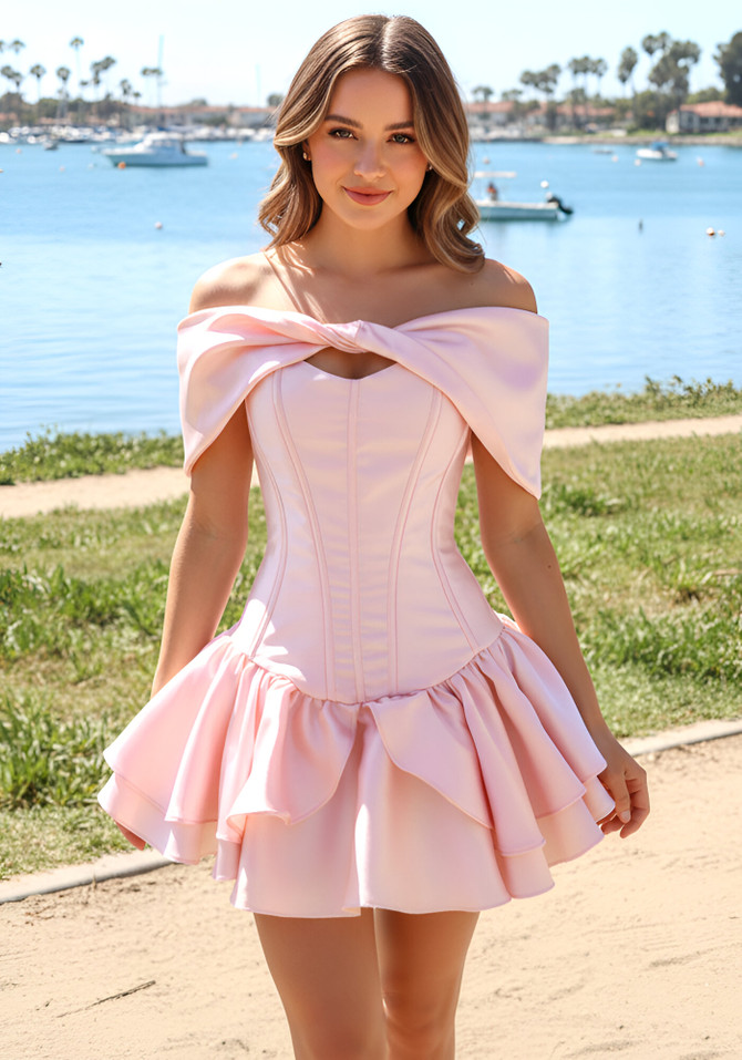 Bardot Strapless Corset Ruffle Dress Pink