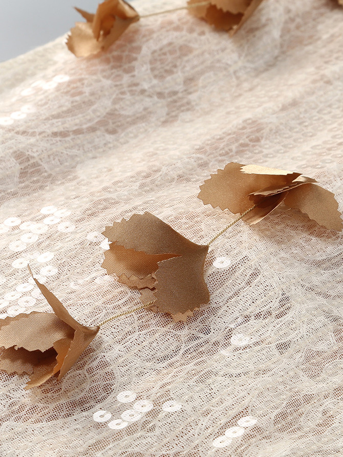 Leaf Detail Bustier Sequin Lace Maxi Dress Brown Nude