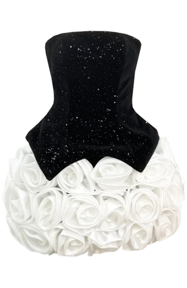 Sparkly Strapless Floral Corset Dress Black White